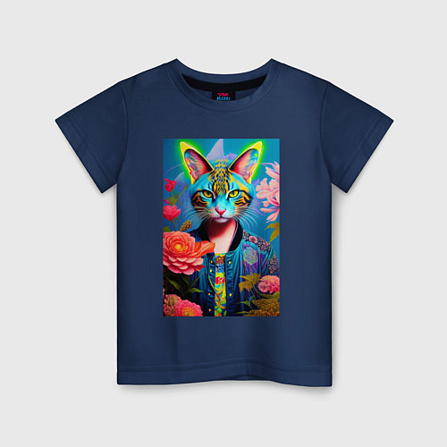 Детская футболка Кошачья мода - нейросеть - живопись / Тёмно-синий – фото 1