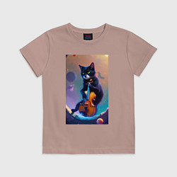Футболка хлопковая детская Кот со скрипкой в космосе, цвет: пыльно-розовый