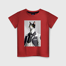 Футболка хлопковая детская Чёрно-белый кот в модном костюме, цвет: красный