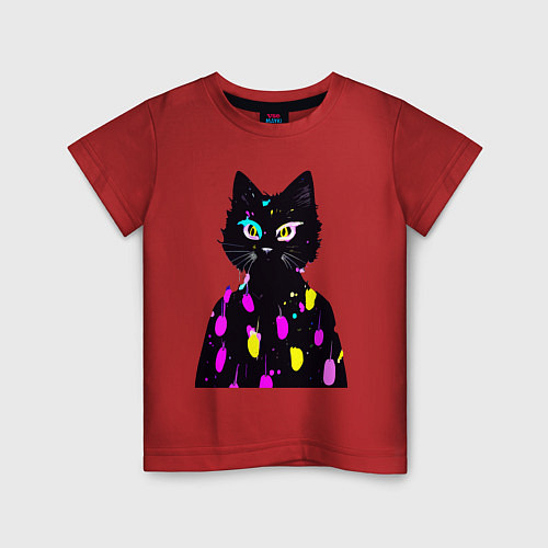 Детская футболка Котяра в модном свитере - неон / Красный – фото 1