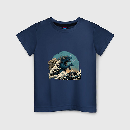 Детская футболка Годзилла в Большой волне у Канагавы / Тёмно-синий – фото 1