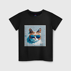 Футболка хлопковая детская Цифровой кот в темных очках, цвет: черный