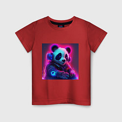 Футболка хлопковая детская Диджей панда в свете неона, цвет: красный