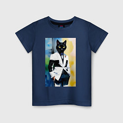 Футболка хлопковая детская Модный чёрный кот-джентльмен - мем, цвет: тёмно-синий