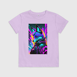 Футболка хлопковая детская Неоновая лиса - киберпанк - нейросеть, цвет: лаванда