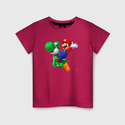 Футболка хлопковая детская Марио на Йоши, цвет: маджента