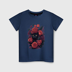 Футболка хлопковая детская Черный кот в цветах, цвет: тёмно-синий