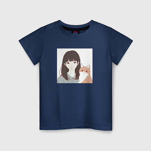 Детская футболка Девушка с котом / Тёмно-синий – фото 1