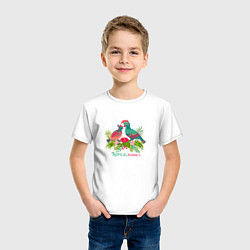 Футболка хлопковая детская Влюбленные попугаи среди тропических листьев, цвет: белый — фото 2