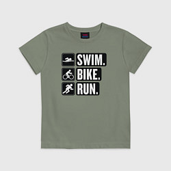 Футболка хлопковая детская Swim bike run, цвет: авокадо