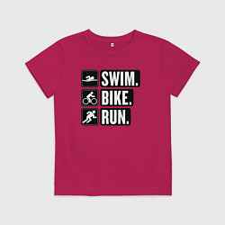 Футболка хлопковая детская Swim bike run, цвет: маджента