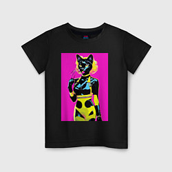 Футболка хлопковая детская Black cat - fashionista - pop art - neural network, цвет: черный