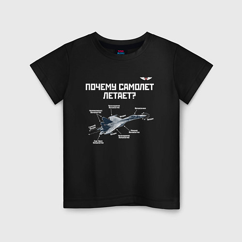Детская футболка Почему самолет летает? / Черный – фото 1