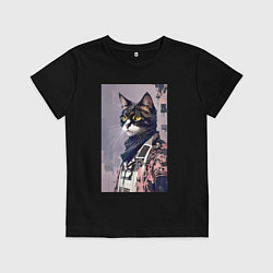 Футболка хлопковая детская Котяра городской модник - нейросеть, цвет: черный