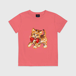 Футболка хлопковая детская Милый котенок с бантом вышивка, цвет: коралловый