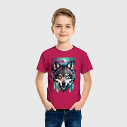Футболка хлопковая детская Морда волка - акварель, цвет: маджента — фото 2