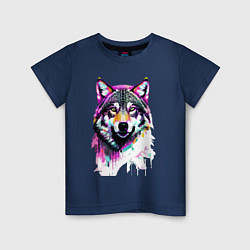 Футболка хлопковая детская Волчья морда - поп-арт - цвет, цвет: тёмно-синий