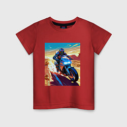 Футболка хлопковая детская Мотоциклист в пустыне, цвет: красный