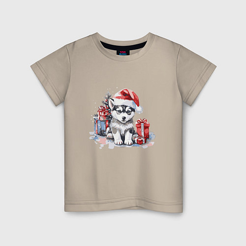 Детская футболка Новогодний щенок с подарками / Миндальный – фото 1