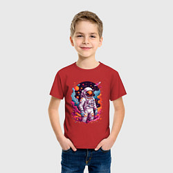 Футболка хлопковая детская Космонавт в открытом космосе среди планет, цвет: красный — фото 2