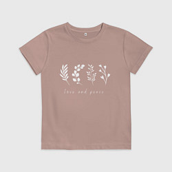 Футболка хлопковая детская Белые растения love and peace, цвет: пыльно-розовый