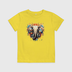 Футболка хлопковая детская Слон в цветах - хиппи арт принт, цвет: желтый