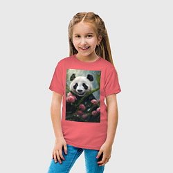Футболка хлопковая детская Панда в цветах под дождём - нейросеть, цвет: коралловый — фото 2