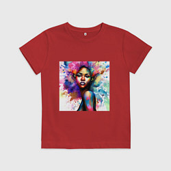 Футболка хлопковая детская Портрет афро девушки с акварельными брызгами, цвет: красный