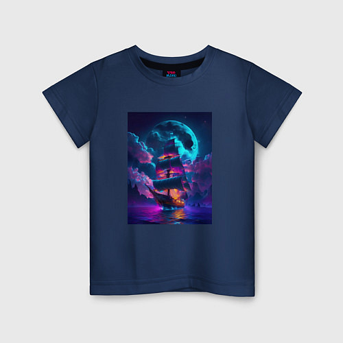 Детская футболка Корабль в неоновом море / Тёмно-синий – фото 1