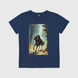 Футболка хлопковая детская Всадник на коте - киберпанк - нейросеть, цвет: тёмно-синий