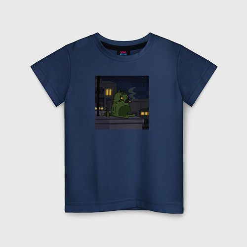 Детская футболка Грустный кот сидит и курит на крыше цветной / Тёмно-синий – фото 1