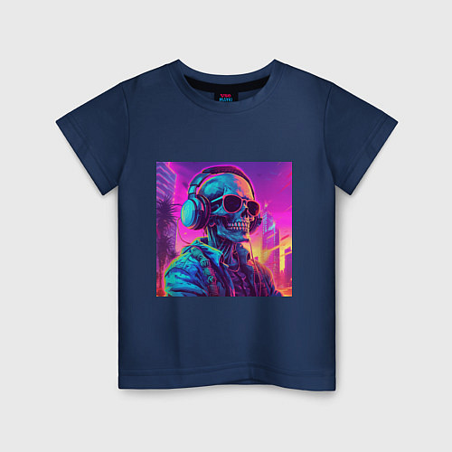 Детская футболка Скелет в свете неонового города / Тёмно-синий – фото 1