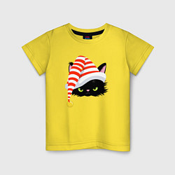 Футболка хлопковая детская Новогодний черный кот в новогоднем колпаке, цвет: желтый