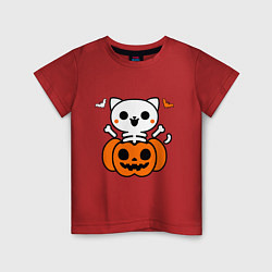 Футболка хлопковая детская Веселый кот-скелет в тыкве - Хэллоуин, цвет: красный