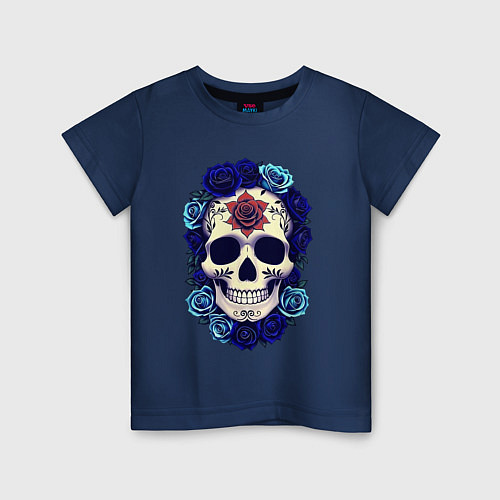 Детская футболка Череп с сининими розами / Тёмно-синий – фото 1