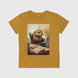 Футболка хлопковая детская Выдра с комьютером, цвет: горчичный