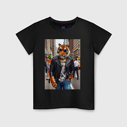 Футболка хлопковая детская Cool tiger on the streets of New York - ai art, цвет: черный