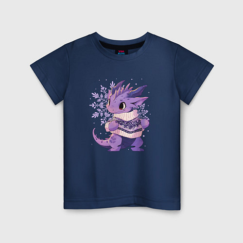 Детская футболка Фиолетовый дракон в свитере / Тёмно-синий – фото 1