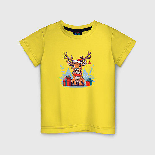 Детская футболка Новогодний олень в зимнем лесу / Желтый – фото 1