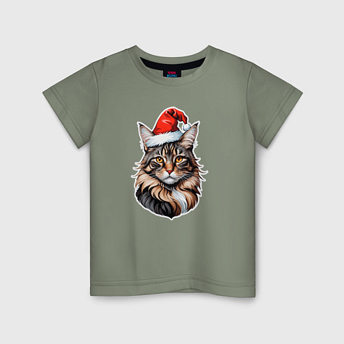 Детская футболка Кот породы Мейн-кун в новогодней шапке / Авокадо – фото 1