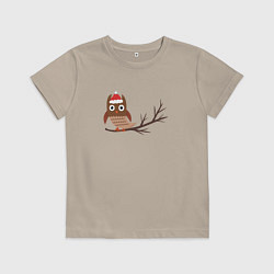 Футболка хлопковая детская Новогодняя сова на ветке, цвет: миндальный