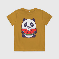 Футболка хлопковая детская Панда ест арбуз, цвет: горчичный