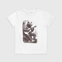 Футболка хлопковая детская Медведь в лесу играет на акустической гитаре, цвет: белый