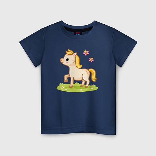 Детская футболка Лошадка на лугу / Тёмно-синий – фото 1