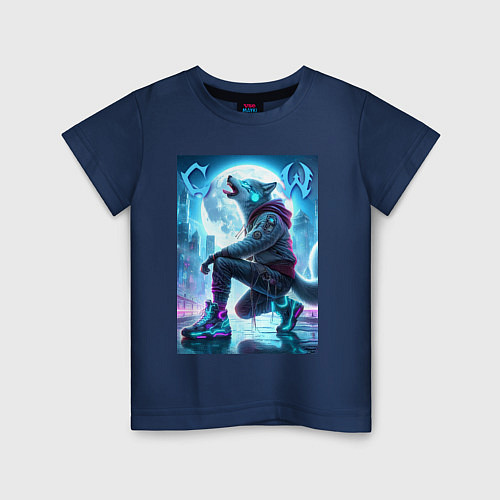 Детская футболка Cyber wolf in metropolis - ai art / Тёмно-синий – фото 1