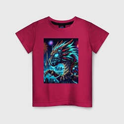 Футболка хлопковая детская Cyber dragon - ai art neon, цвет: маджента