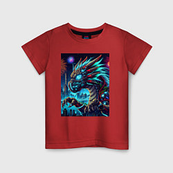 Футболка хлопковая детская Cyber dragon - ai art neon, цвет: красный
