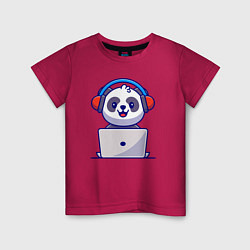 Футболка хлопковая детская Панда за ноутбуком, цвет: маджента