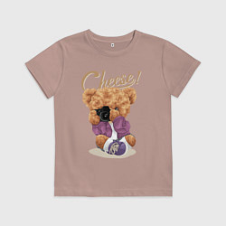 Футболка хлопковая детская Плюшевый медвежонок фотограф, цвет: пыльно-розовый