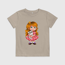 Футболка хлопковая детская Принцесса в розовом платье с котенком, цвет: миндальный